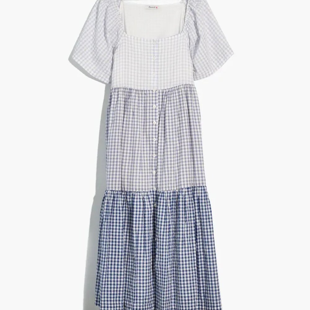 Madewell - Patchwork Gingham Button-Front Tiered Midi Dress; Size M